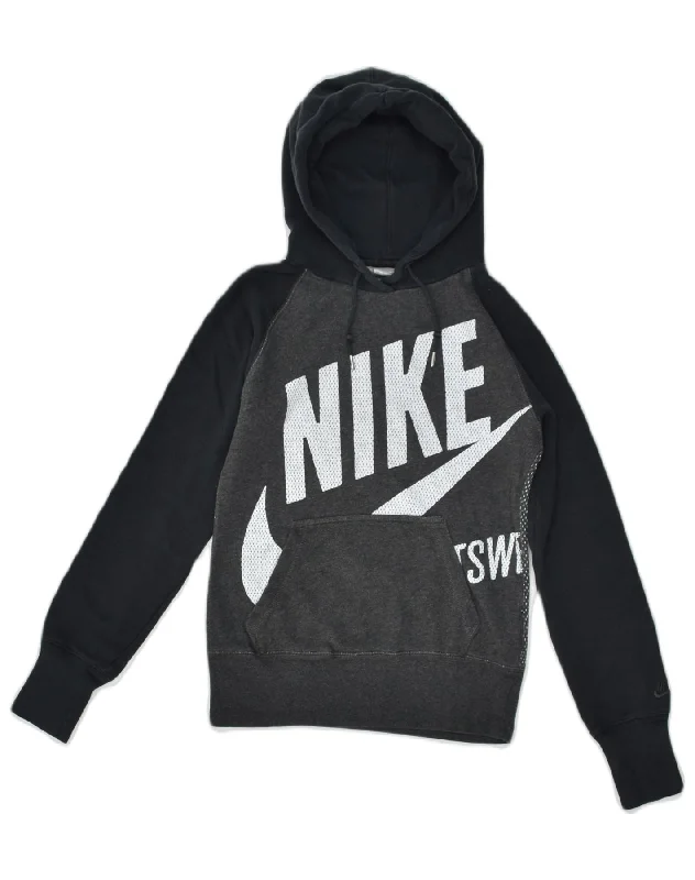 NIKE Womens Graphic Hoodie Jumper UK 4 XS Grey Colourblock Cotton Hoodie with High-Low Hem Asymmetrical Trendy