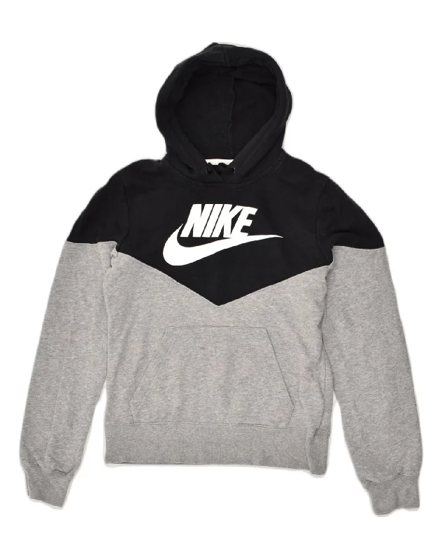 NIKE Womens Graphic Hoodie Jumper UK 4 XS Grey Colourblock Cotton Hoodie with Hem Patch Decorative Personalized