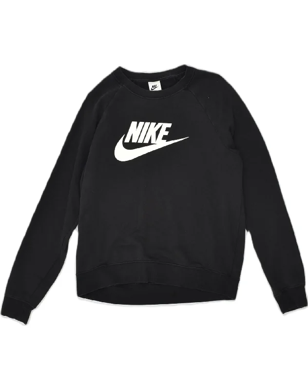 NIKE Womens Graphic Sweatshirt Jumper UK 14 Medium Black Cotton Hoodie with Drop Shoulder Relaxed Streetwear