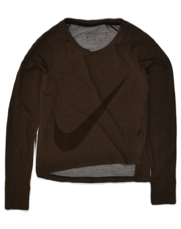 NIKE Womens Graphic Sweatshirt Jumper UK 6 XS Brown Viscose Hoodie with Back Slit Movement Comfort