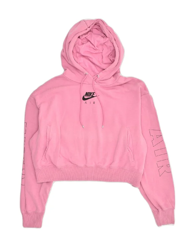 NIKE Womens Oversized Crop Hoodie Jumper UK 14 Medium Pink Cotton Hoodie with Hem Drawcord Adjustable Customizable