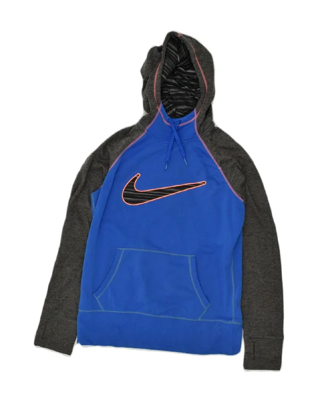 NIKE Womens Therma-Fit Hoodie Jumper UK 14 Medium Blue Polyester Hoodie with Frayed Bohemian Relaxed