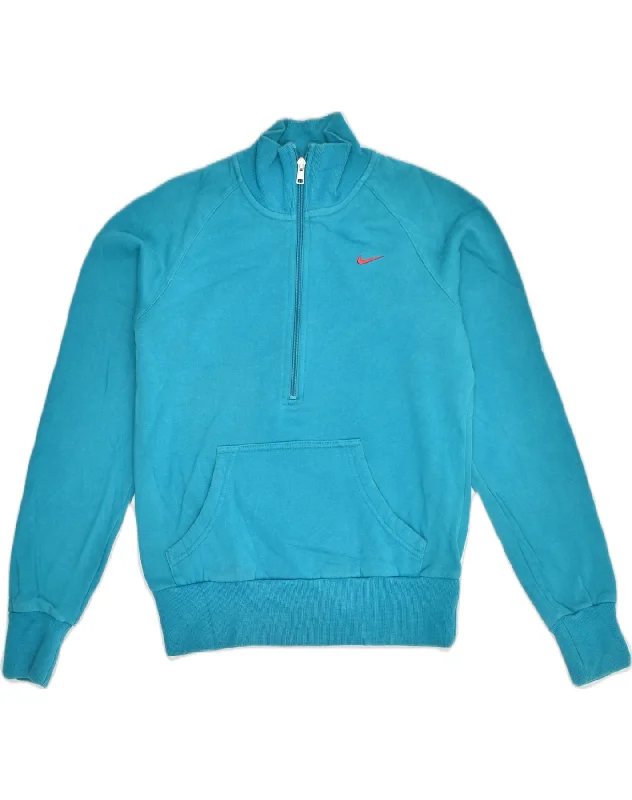 NIKE Womens Zip Neck Sweatshirt Jumper UK 10 Small Blue Cotton Hoodie with Hem Applique Textured Unique