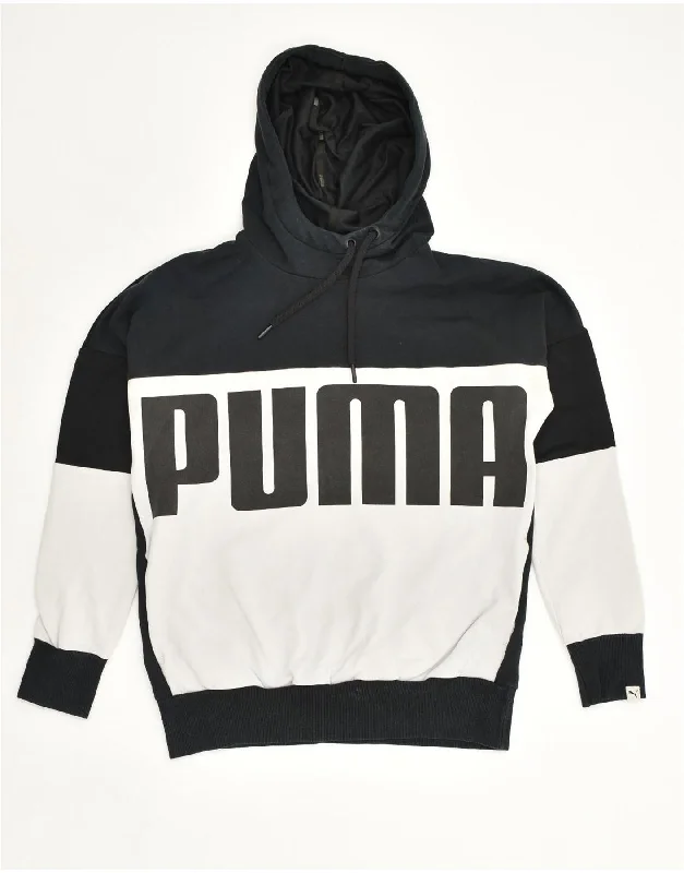 PUMA Womens Graphic Hoodie Jumper UK 10 Small Black Colourblock Cotton Hoodie with Velcro Closure Adjustable Secure