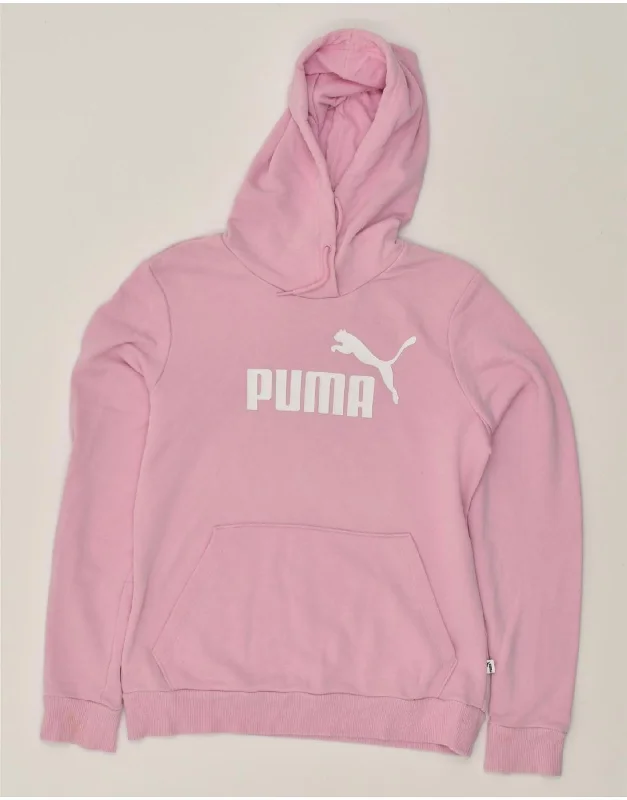 PUMA Womens Graphic Hoodie Jumper UK 12 Medium Pink Hoodie with Hem Raw Edge Edgy Unfinished