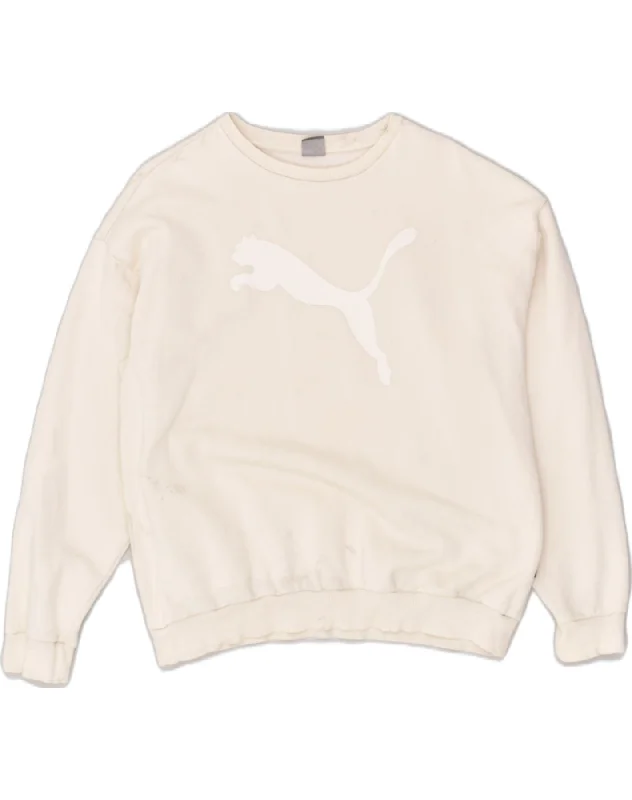 PUMA Womens Graphic Sweatshirt Jumper UK 18 XL Off White Cotton Hoodie with Embroidery Detailed Premium