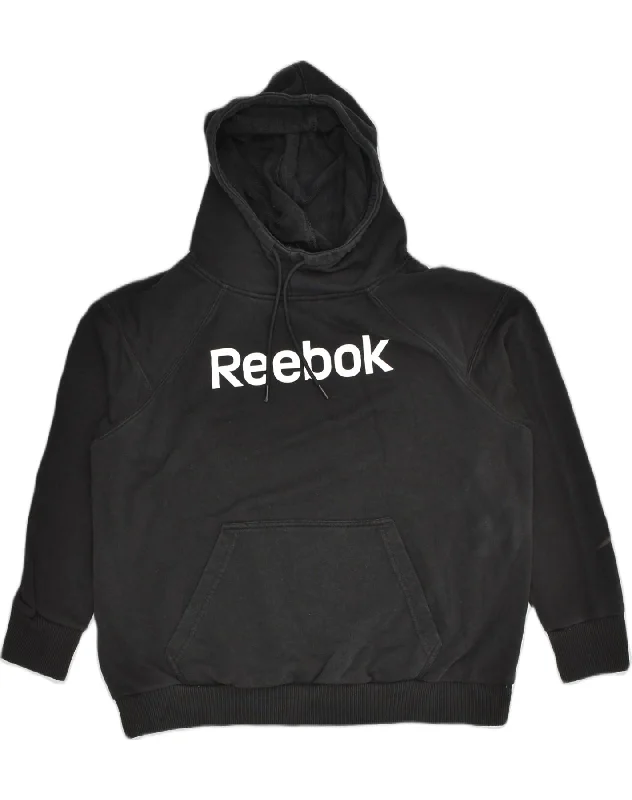 REEBOK Womens Graphic Hoodie Jumper UK 14 Medium Black Cotton Hoodie with Frayed Bohemian Relaxed