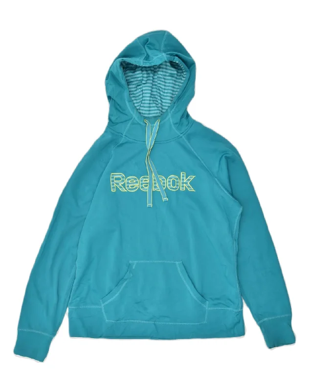 REEBOK Womens Graphic Hoodie Jumper UK 16 Large Blue Polyester Hoodie with Drop Shoulder Relaxed Streetwear