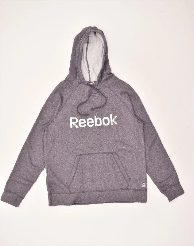 REEBOK Womens Graphic Hoodie Jumper UK 16 Large Purple Polyester Hoodie with Typography Text Message