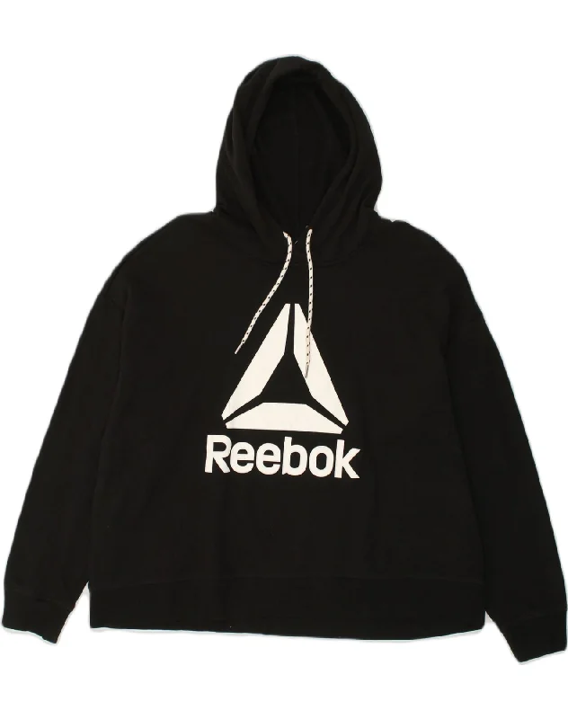 REEBOK Womens Graphic Hoodie Jumper XL Black Hoodie with Metallic Shiny Futuristic