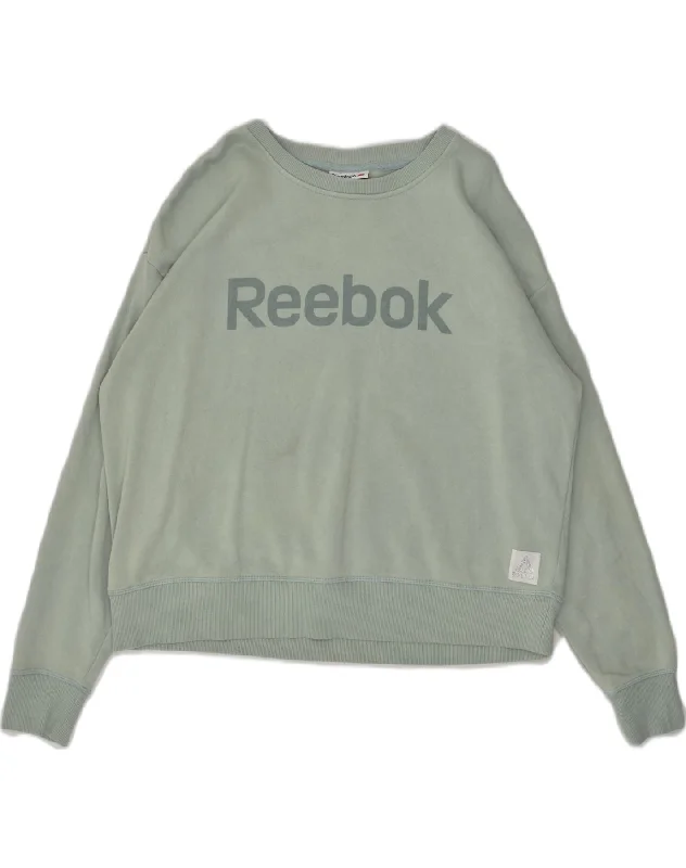 REEBOK Womens Graphic Sweatshirt Jumper UK 18 XL Green Hoodie with Side Slits Relaxed Casual