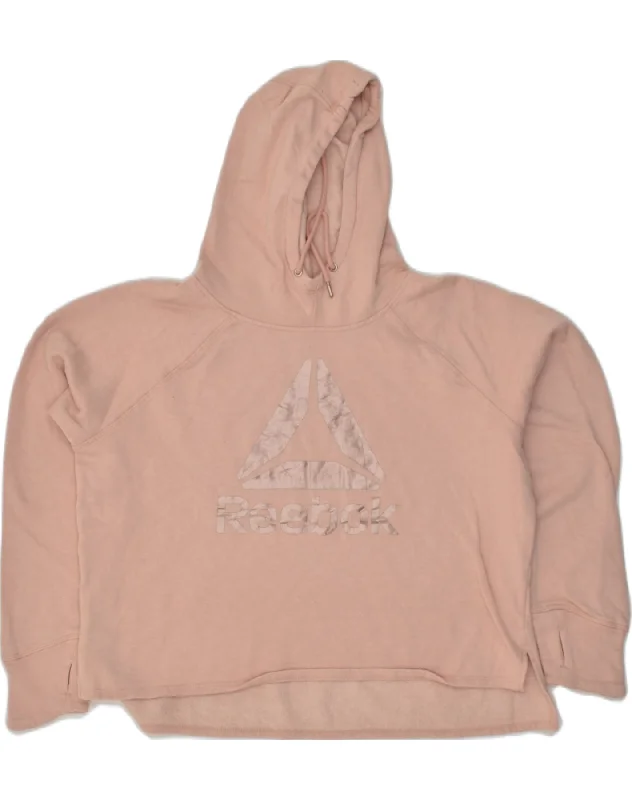 REEBOK Womens Oversized Graphic Hoodie Jumper UK 14 Large Beige Cotton Hoodie with Hem Drawcord Adjustable Customizable