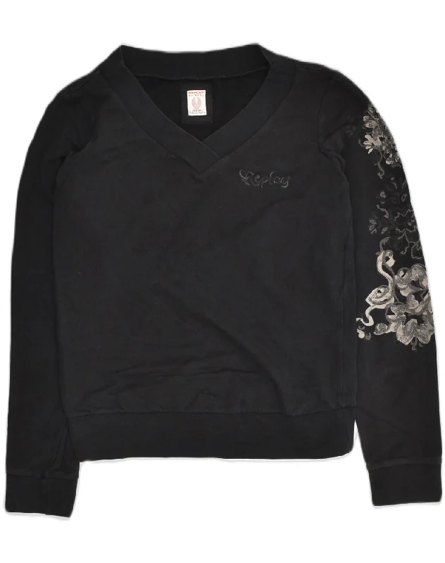 REPLAY Womens Sweatshirt Jumper UK 12 Medium Black Floral Cotton Hoodie with Hem Detail Decorative Unique