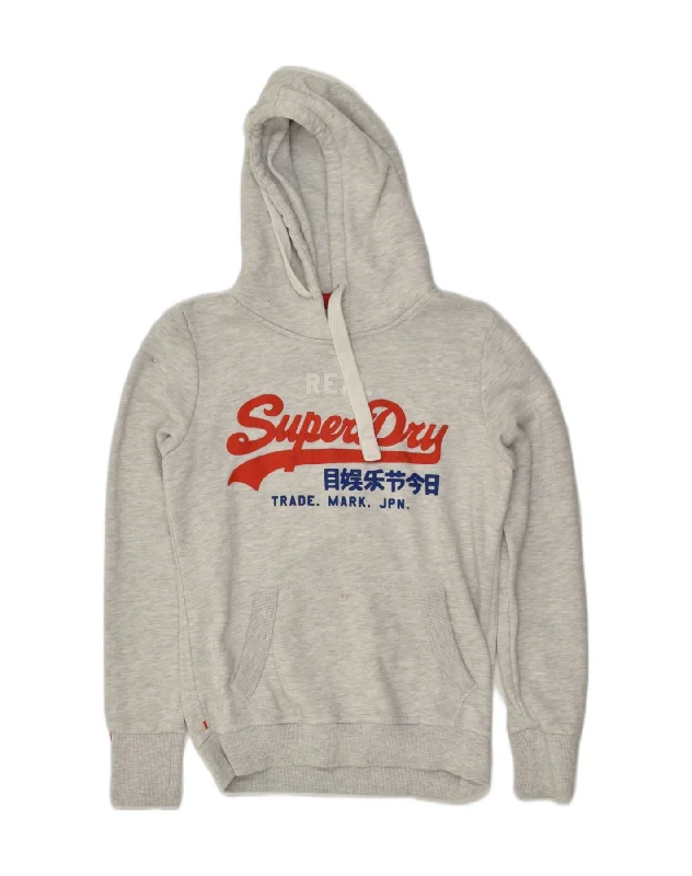 SUPERDRY Womens Graphic Hoodie Jumper UK 10 Small Grey Cotton Hoodie with Typography Text Message