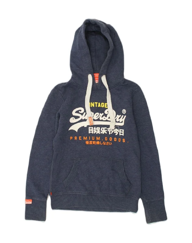 SUPERDRY Womens Graphic Hoodie Jumper UK 6 XS Navy Blue Cotton Hoodie with Camouflage Military Edgy