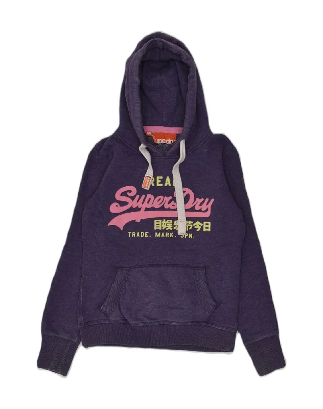 SUPERDRY Womens Graphic Hoodie Jumper UK 6 XS Purple Cotton Hoodie with Hem Ribbing Snug Secure