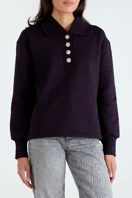 "The Aoife" - Button Down Sweatshirt (Black) Hoodie with Button Placket Classic Preppy