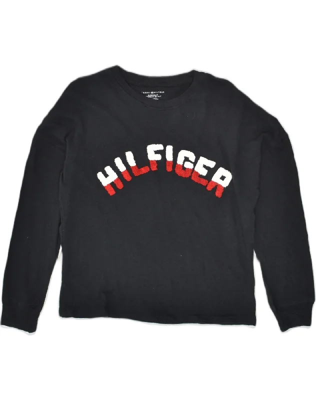 TOMMY HILFIGER Womens Graphic Sweatshirt Jumper UK 10 Small Black Cotton Hoodie with Snap Buttons Easy Quick