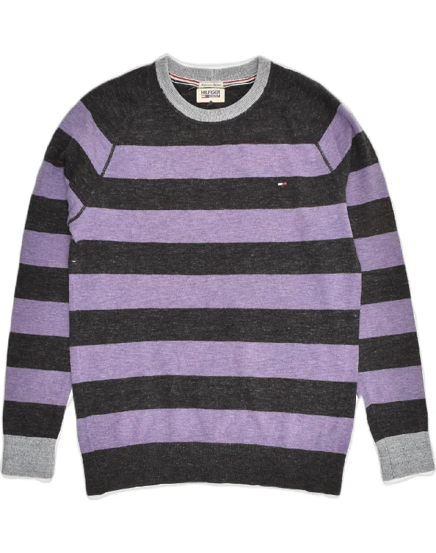 TOMMY HILFIGER Womens Sweatshirt Jumper UK 12 Medium Purple Striped Hoodie with Puffed Sleeves Voluminous Trendy