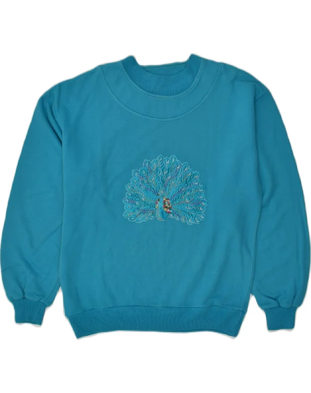 VINTAGE Womens Graphic Sweatshirt Jumper EU 46 XL Blue Hoodie with Hem Detail Decorative Unique