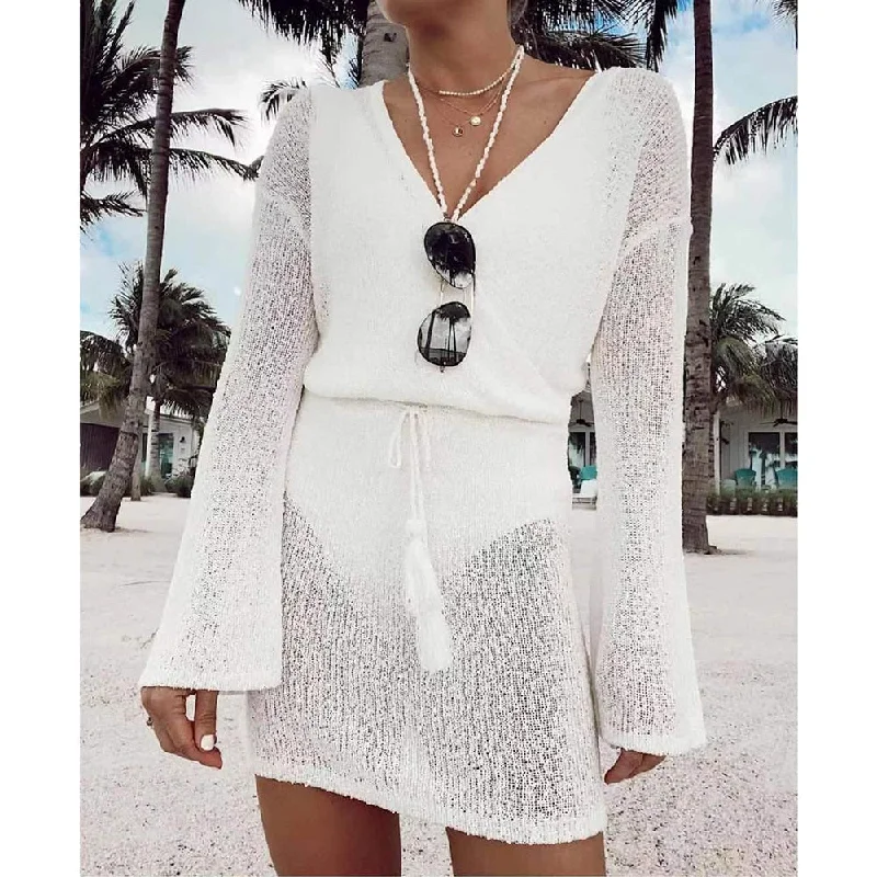 2023 Sexy Bikini Cover-ups Beach White Crochet Tunic Knitted Summer Mini Dress  Long Sleeves Women  Swim Suit Cover Up Flirty Ruffle Swimsuit