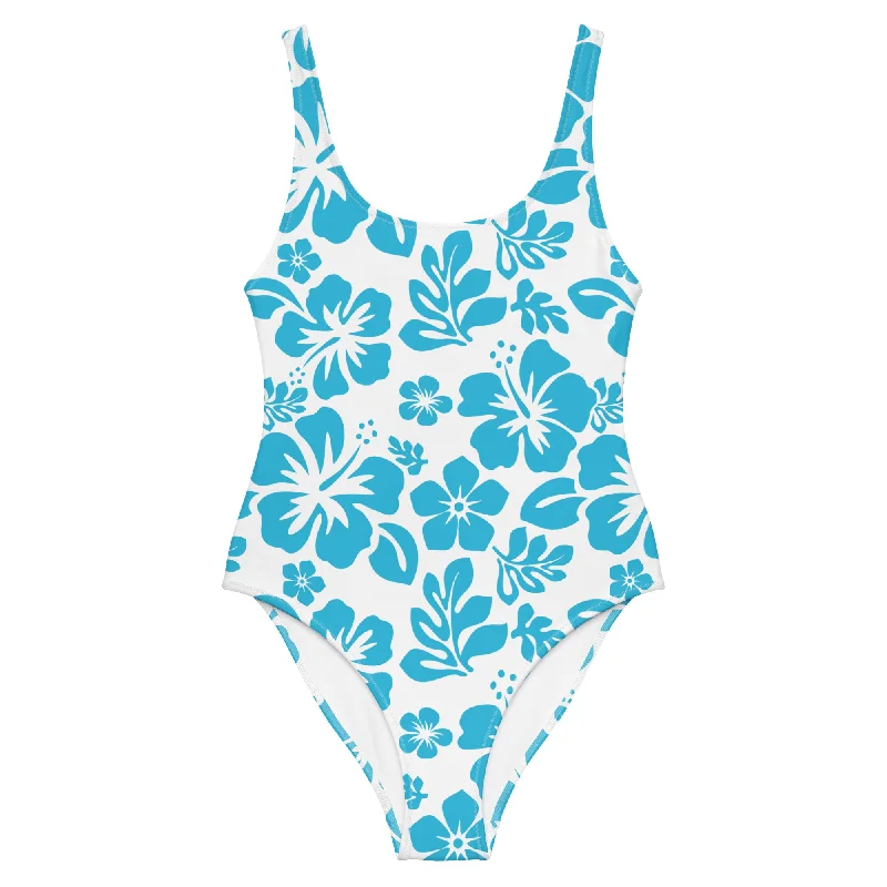 Aqua Blue Hawaiian Flowers on White One-Piece Swimsuit Adjustable Strap Swimsuit