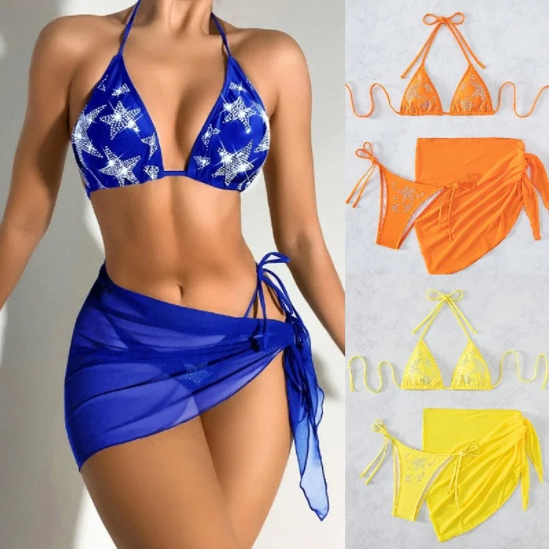 Bikini Swimsuit New Sexy Rhinestone Gauze Skirt Three-piece Suit Split Crisscross Back Swimsuit