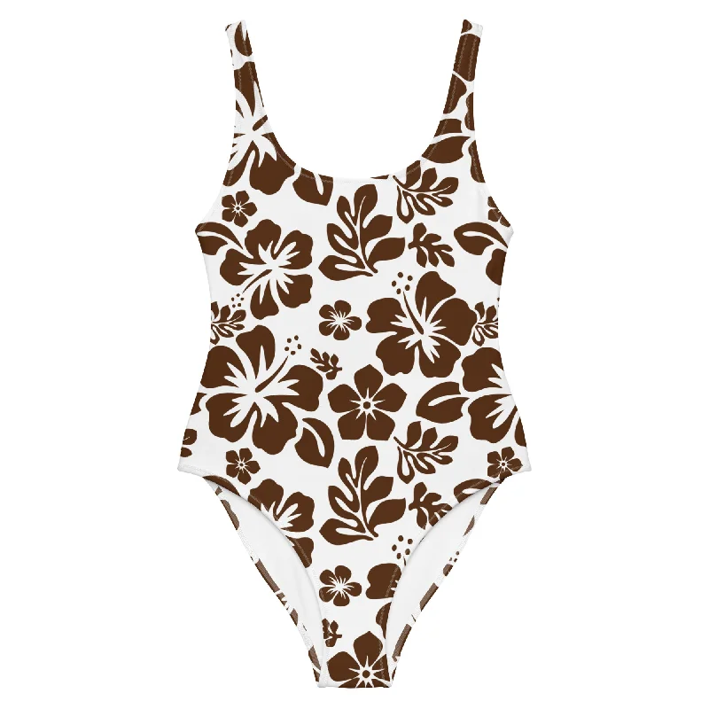 Brown Hawaiian Flowers on White One-Piece Swimsuit Push-Up Bikini Top