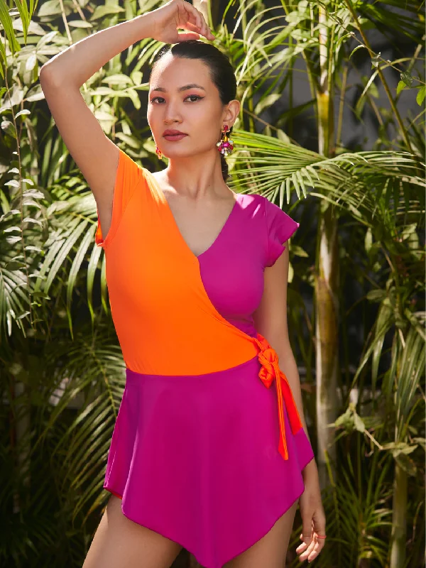 Colour Blocked V-Neck Swimdress with Attached Shorts and Butterfly Sleeves- AQS-2 Mesh Panel Swimwear