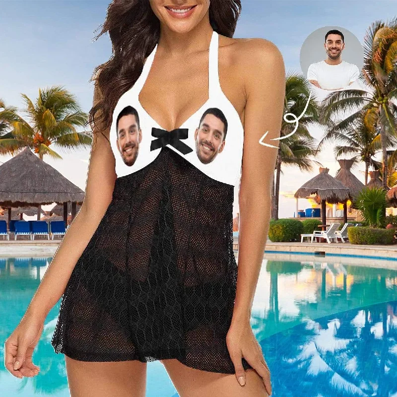 Custom Face White Swimsuit Personalized Beach Cover Up Bikini Beachwear Bathing Suit Beach Dress Women's Swimming Dress Sporty Swimwear Bottoms