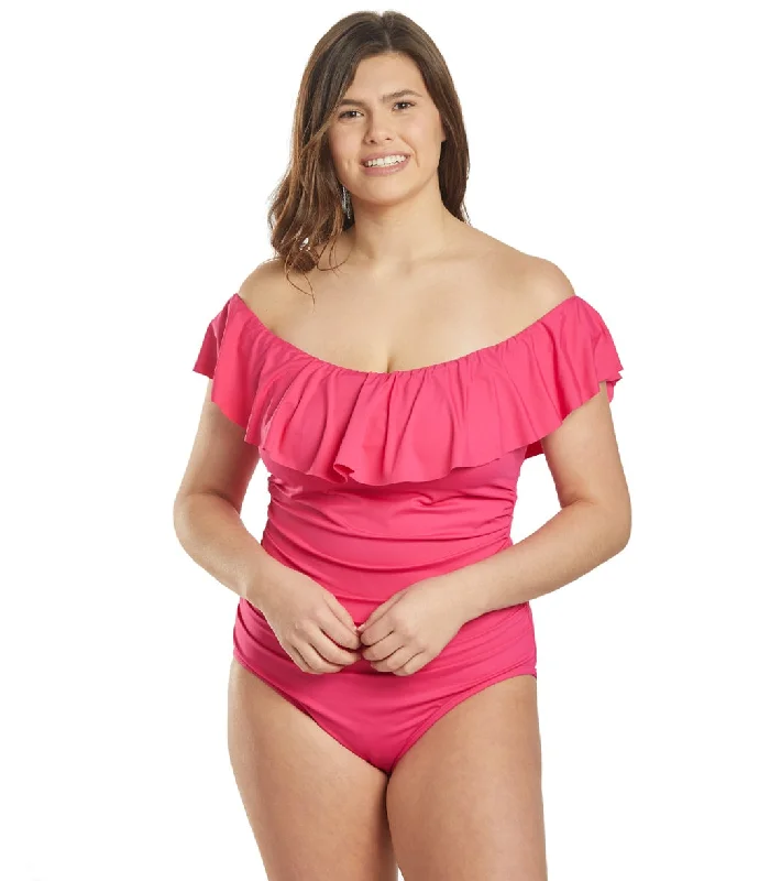 La Blanca Plus Size Island Goddess Off Shoulder Ruffle One Piece Swimsuit Pink Monokini Swimsuit Design