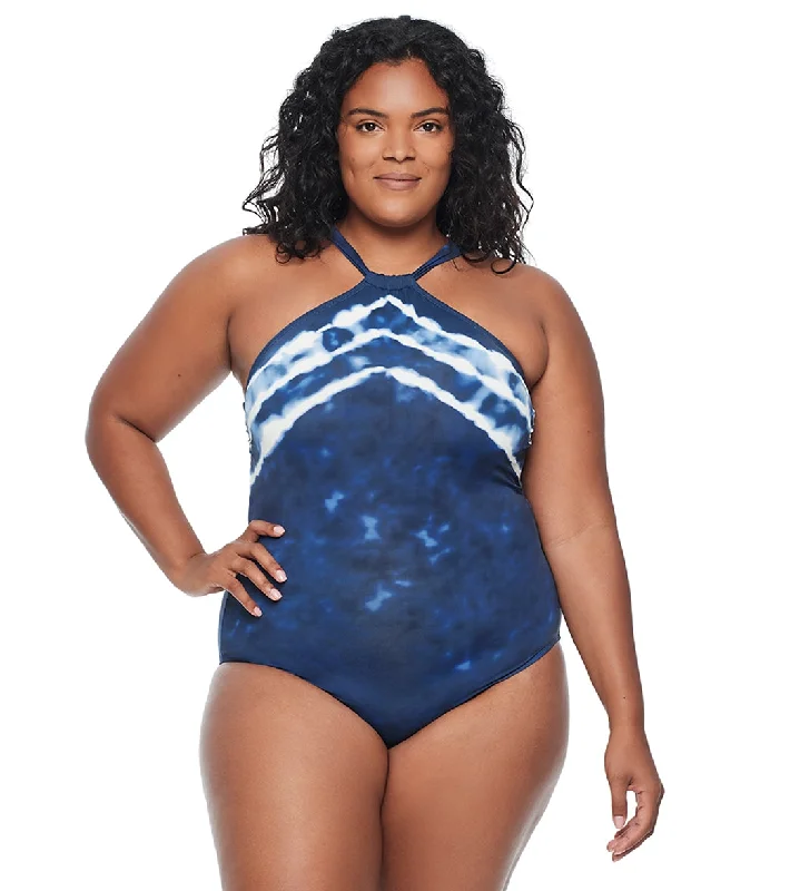 Lauren Ralph Lauren Women's Plus Size Shoreline Stripe High Neck One Piece Swimsuit Bold High-Cut Bikini