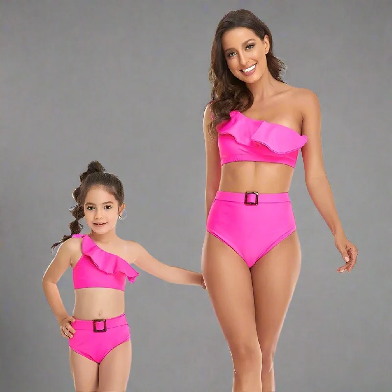 Matching Mom & Child One Shoulder Swimsuit Sporty Swimsuit Style