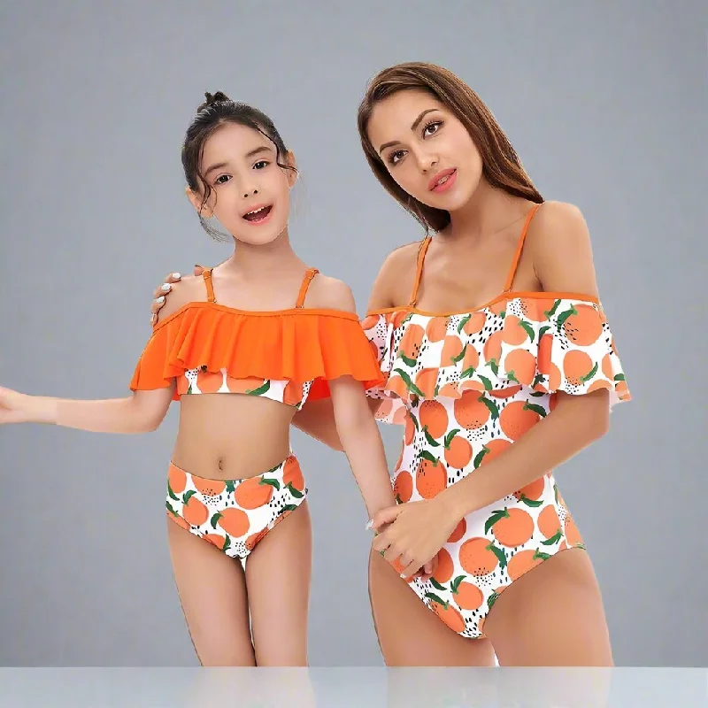 Matching Mommy & Me Orange Print Swimsuit Sleek Mesh Bikini