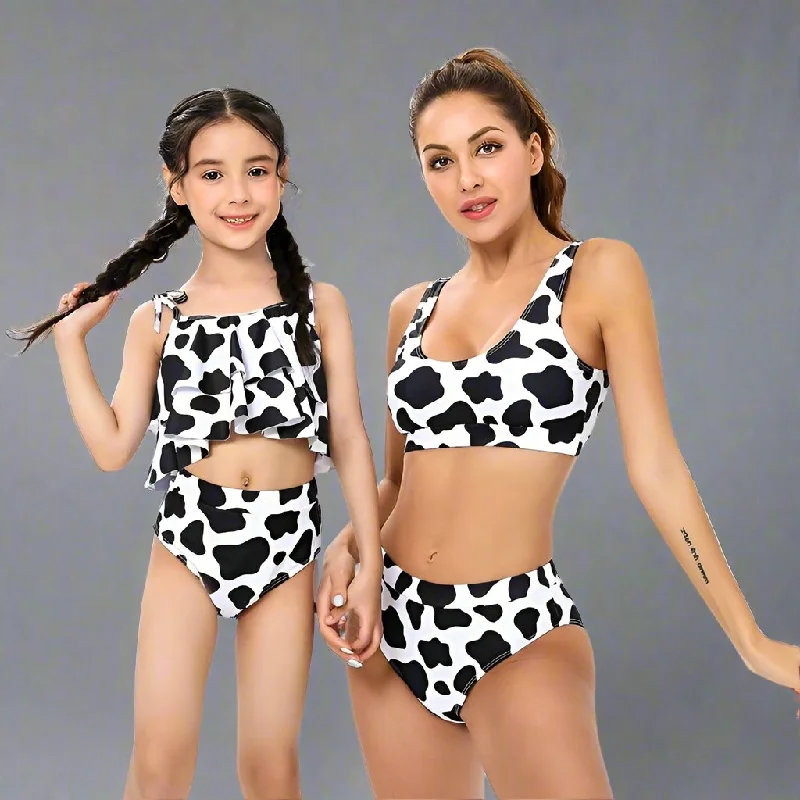 Mommy & Me Matching Leopard Print Two Piece Swimsuit Mesh Panel Swimwear