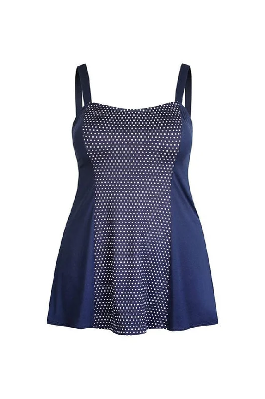 Chlorine Resistant Navy & White Dots Wide Strap Swim Dress Tropical Print One-Piece