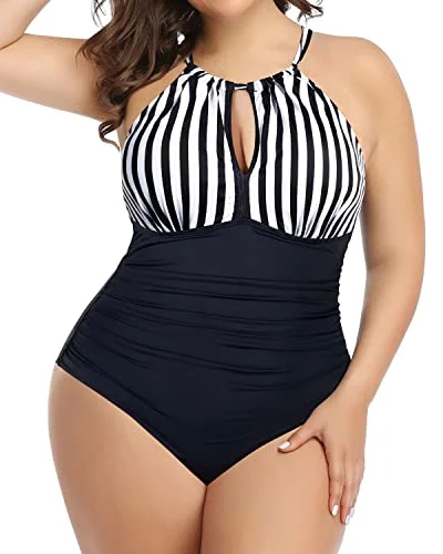 Chic High Neck Plunge Swimsuit Mesh Cutouts For Plus Size Women-Black And White Stripe Sexy Cutout Swimsuit