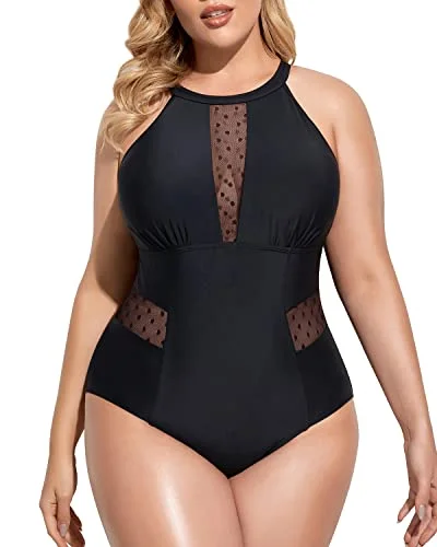 Plus Size High Neck Plunge Mesh Cut Out One Piece Swimsuit for Women Elegant Ruffled Bikini