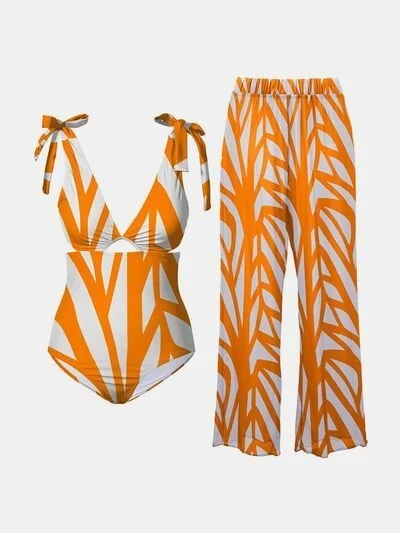 Printed Tie Shoulder Swimwear and Pants Swim Set Chic Beach Cover-Up