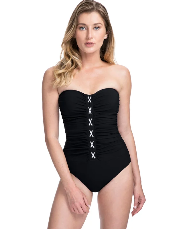 Profile By Gottex Moto Lace Up Shirred Front Bandeau Strapless One Piece Swimsuit Mesh Detail Bikini