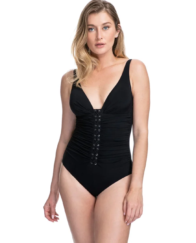 Profile By Gottex Moto Black D-Cup Lace Up V-Neck Plunge Shirred One Piece Swimsuit Trendy Swimwear Set