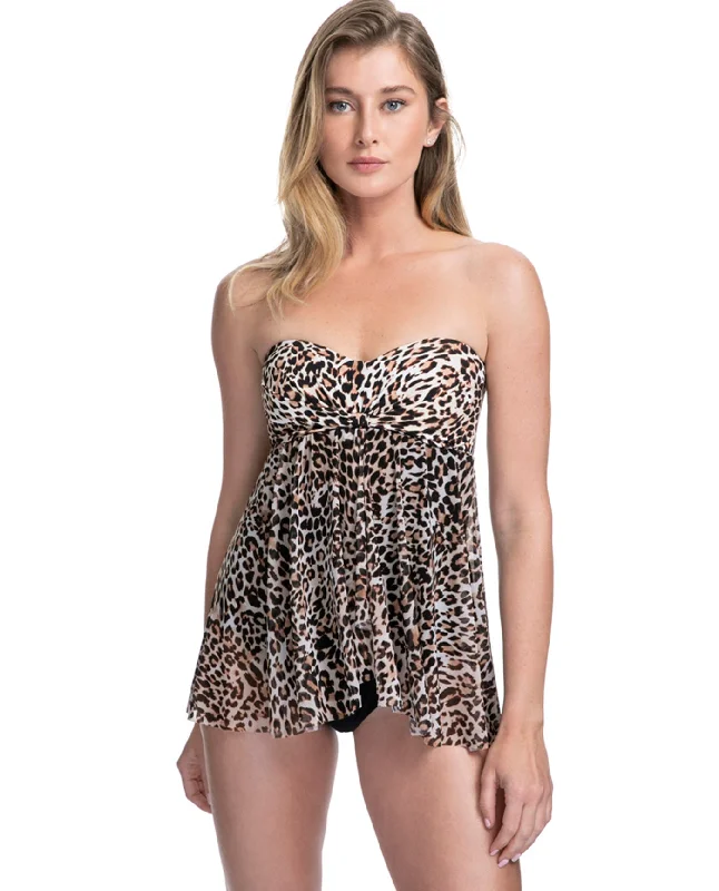 Profile By Gottex Wild Thing Leopard Black Twist Front Bandeau Strapless Flyaway One Piece Swimsuit Strappy Back Bikini