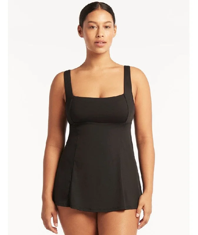 Sea Level Eco Essentials Square Neck Swim Dress - Black Elegant Ruffle Swimsuit