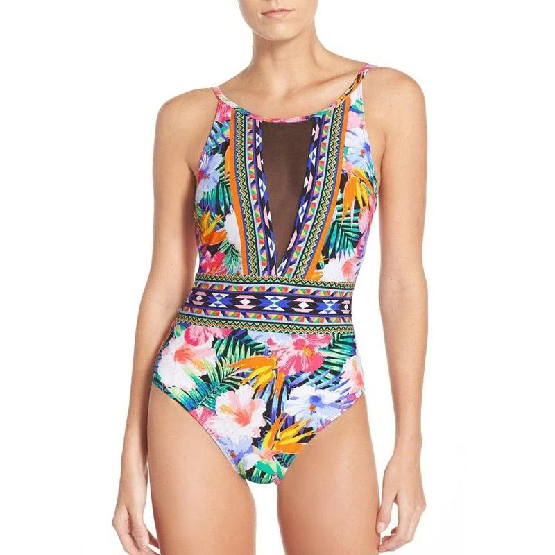 Sexy Mesh One Piece Swimsuit High Cut Swimwear Women Floral Bathing Suit Patchwork Bikini Classic Swimsuit Design