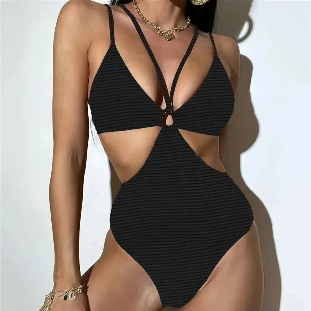 Sexy Ribbed Swimwear Woman 2024 One Piece Cut Out Monokini String Bathing Swimming Wear Summer Swimsuit Lace-Detail Bikini Set