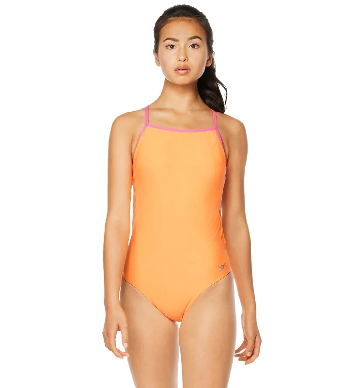 Speedo Vibe Women's The One Back Solid One Piece Swimsuit Orange/Pink Ruched Swimwear Set