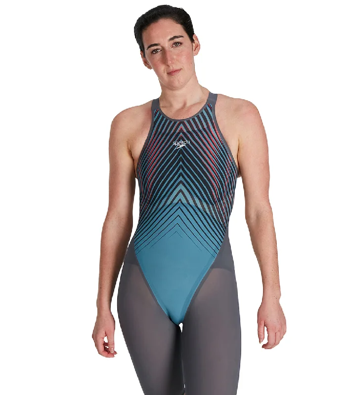 Speedo Women's Fastskin LZR Pure Valor Open Back Kneeskin Tech Suit Swimsuit Grey/Blue Classic Two-Piece Bikini