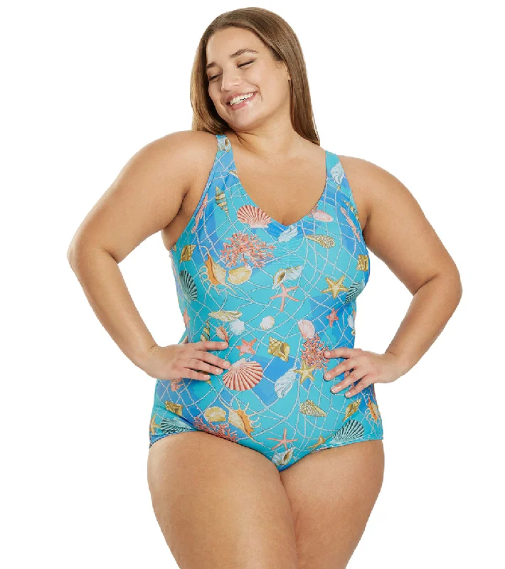 Sporti Plus Size Caribbean Sea Conservative Printed Girl Leg One Piece Swimsuit Caribbean Sea Vibrant Bikini Bottoms