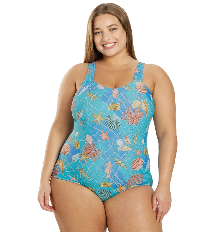 Sporti Plus Size Caribbean Sea Moderate Printed Sweetheart One Piece Swimsuit Caribbean Sea Tropical Print One-Piece