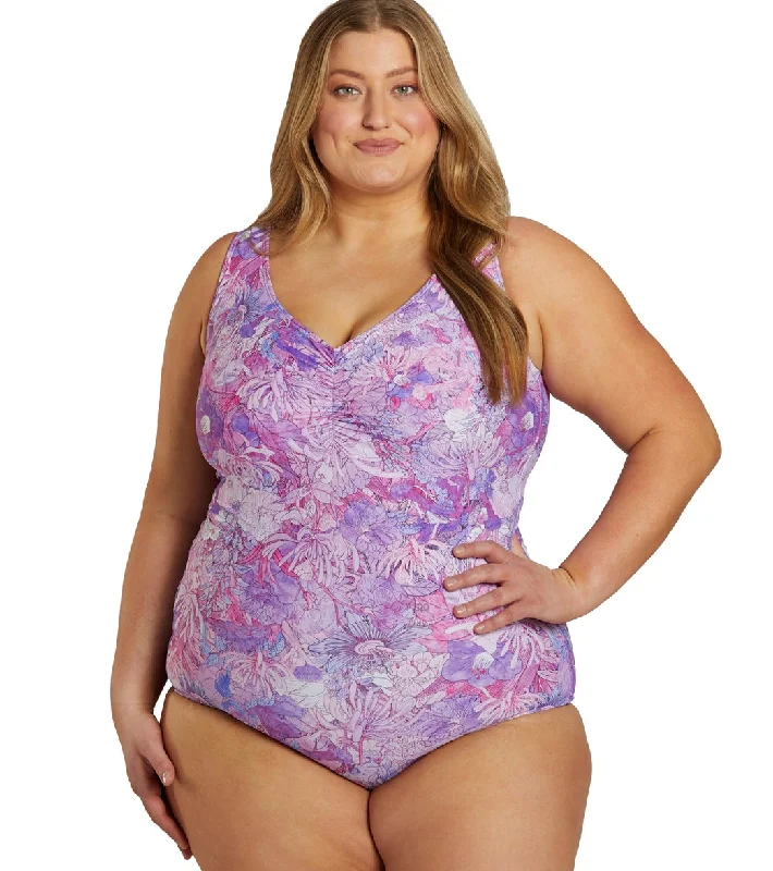 Sporti Plus Size Jungle Floral Conservative Printed Girl Leg One Piece Swimsuit Violet Button-Front Swimsuit